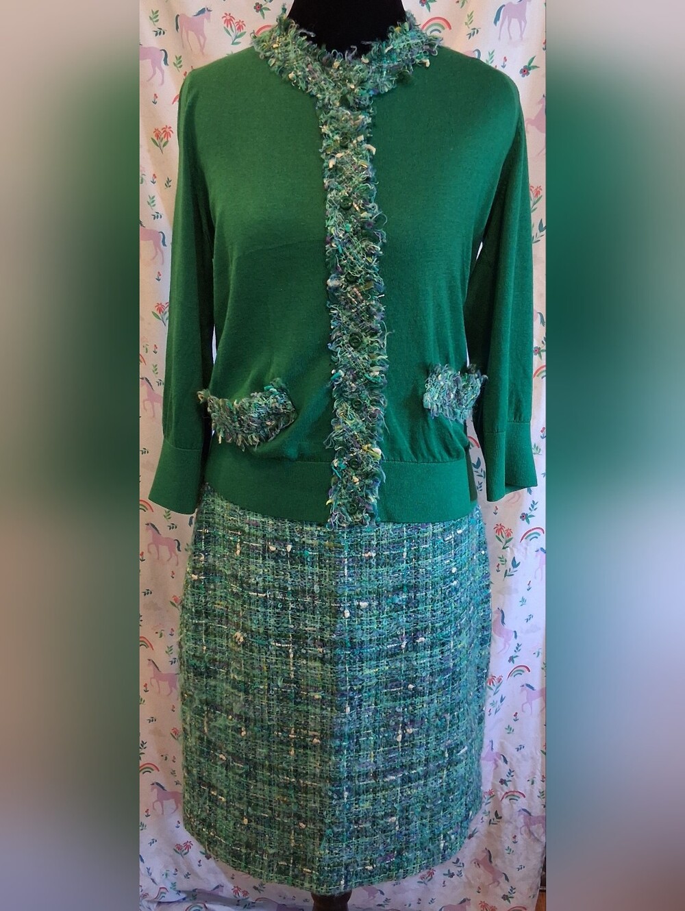 NWOT Kate Spade Green Silk & Cotton Knit Tweed Cardigan & Skirt Suit Set SZ M